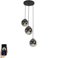 QAZQA Smart hanglamp zwart met smoke glas 3-lichts incl. Wifi ST64 - Pallon