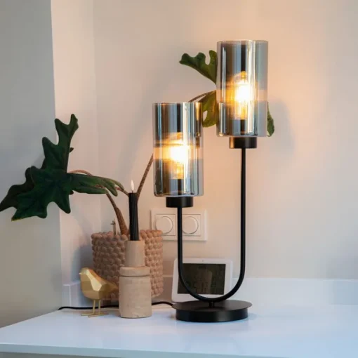 QAZQA Smart tafellamp zwart met smoke glas 2-lichts incl. 2 Wifi ST64 - Laura