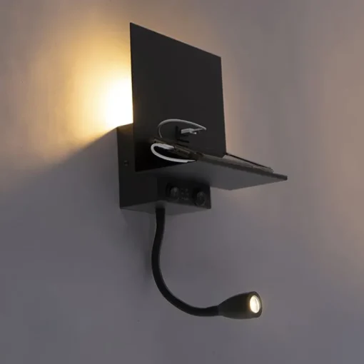 QAZQA Smart wandlamp zwart met USB en flexarm incl. Wifi G9 - Flero