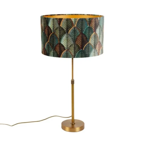 QAZQA Tafellamp brons met velours lampenkap blad dessin met gouden binnenkant - Parte
