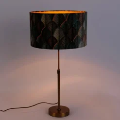 QAZQA Tafellamp brons met velours lampenkap blad dessin met gouden binnenkant - Parte
