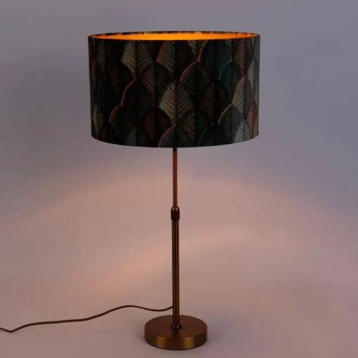 QAZQA Tafellamp brons met velours lampenkap blad dessin met gouden binnenkant - Parte