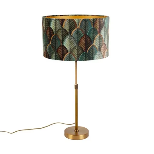 QAZQA Tafellamp brons met velours lampenkap blad dessin met gouden binnenkant - Parte
