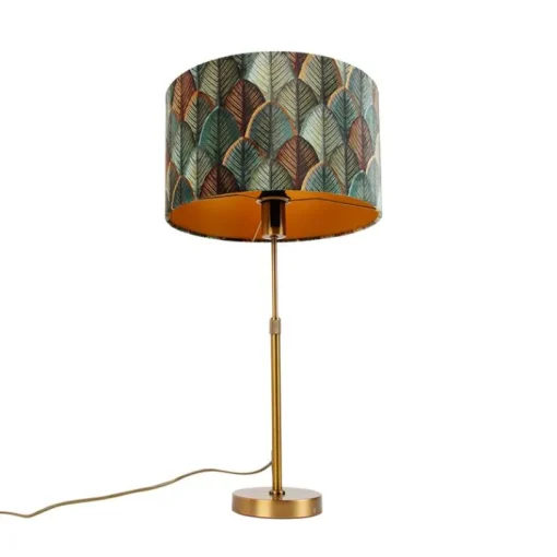 QAZQA Tafellamp brons met velours lampenkap blad dessin met gouden binnenkant - Parte