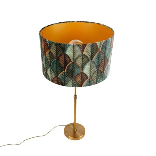 QAZQA Tafellamp brons met velours lampenkap blad dessin met gouden binnenkant - Parte