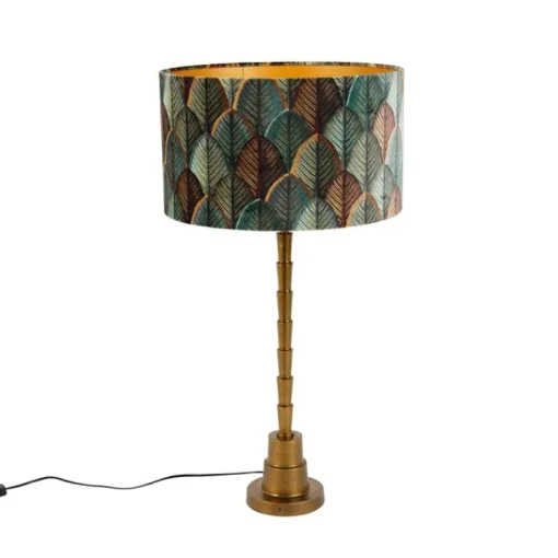 QAZQA Tafellamp brons met velours lampenkap blad dessin met gouden binnenkant - Pisos