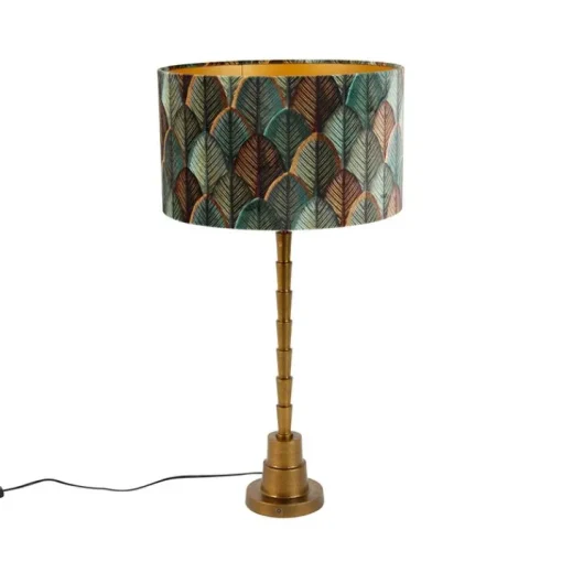 QAZQA Tafellamp brons met velours lampenkap blad dessin met gouden binnenkant - Pisos