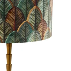 QAZQA Tafellamp brons met velours lampenkap blad dessin met gouden binnenkant - Pisos