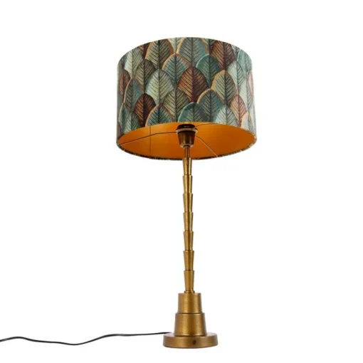 QAZQA Tafellamp brons met velours lampenkap blad dessin met gouden binnenkant - Pisos