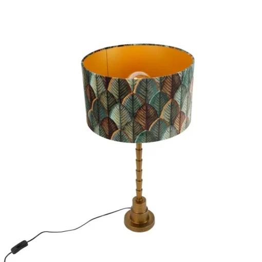 QAZQA Tafellamp brons met velours lampenkap blad dessin met gouden binnenkant - Pisos