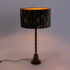 QAZQA Tafellamp brons met velours lampenkap blad dessin met gouden binnenkant - Pisos