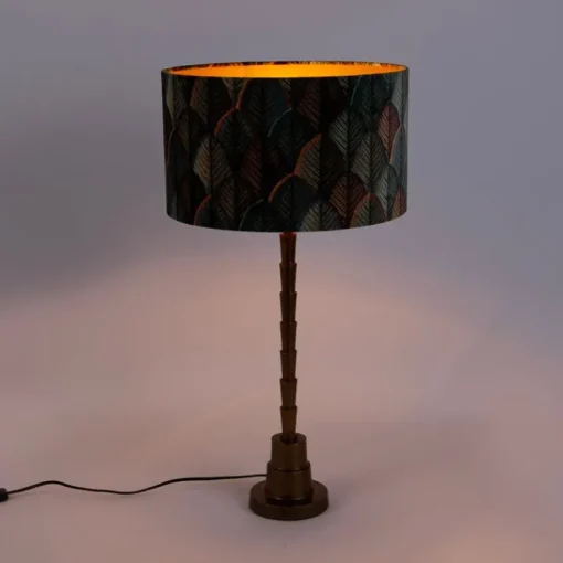 QAZQA Tafellamp brons met velours lampenkap blad dessin met gouden binnenkant - Pisos