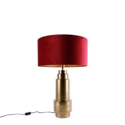 QAZQA Tafellamp brons velours kap rood met goud 50 cm - Bruut