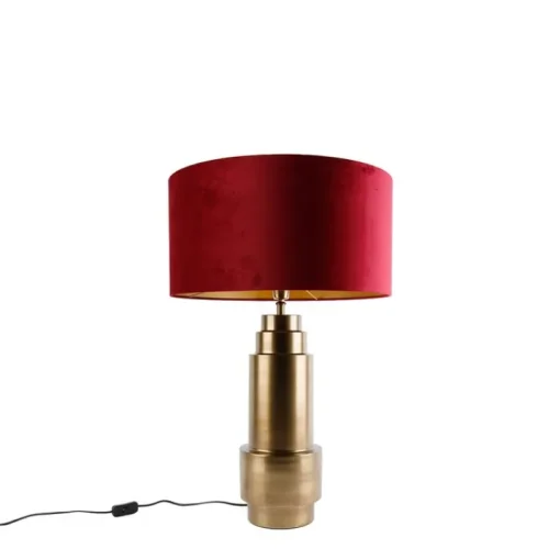 QAZQA Tafellamp brons velours kap rood met goud 50 cm - Bruut