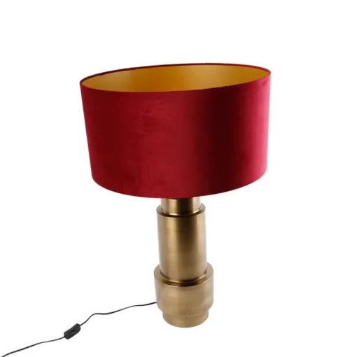 QAZQA Tafellamp brons velours kap rood met goud 50 cm - Bruut