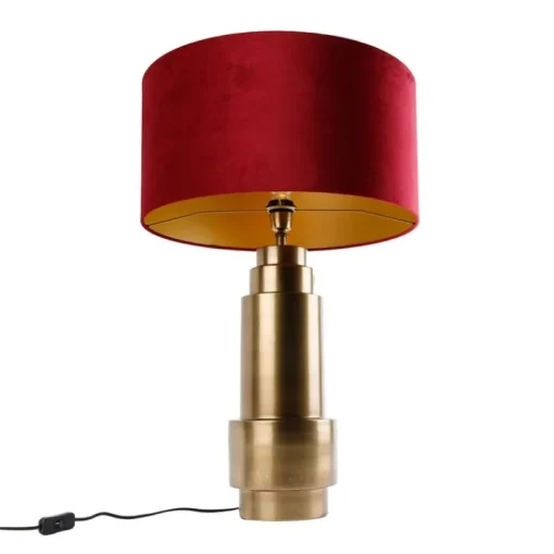 QAZQA Tafellamp brons velours kap rood met goud 50 cm - Bruut
