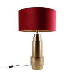 QAZQA Tafellamp brons velours kap rood met goud 50 cm - Bruut