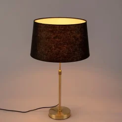 QAZQA Tafellamp goud/messing met linnen kap zwart 35 cm - Parte
