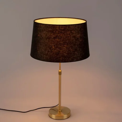 QAZQA Tafellamp goud/messing met linnen kap zwart 35 cm - Parte