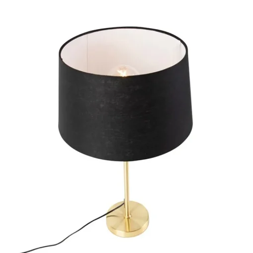 QAZQA Tafellamp goud/messing met linnen kap zwart 35 cm - Parte