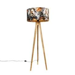 QAZQA Vintage vloerlamp hout kap bloem dessin 50 cm - Tripod Classic