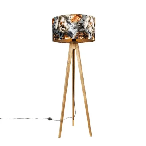 QAZQA Vintage vloerlamp hout kap bloem dessin 50 cm - Tripod Classic