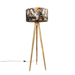 QAZQA Vintage vloerlamp hout kap bloem dessin 50 cm - Tripod Classic