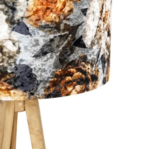 QAZQA Vintage vloerlamp hout kap bloem dessin 50 cm - Tripod Classic