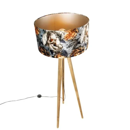 QAZQA Vintage vloerlamp hout kap bloem dessin 50 cm - Tripod Classic