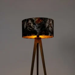 QAZQA Vintage vloerlamp hout kap bloem dessin 50 cm - Tripod Classic