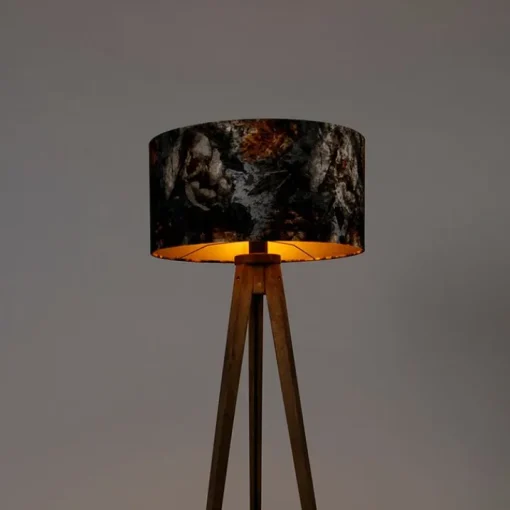 QAZQA Vintage vloerlamp hout kap bloem dessin 50 cm - Tripod Classic