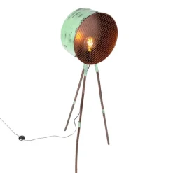 QAZQA Vintage vloerlamp op bamboo driepoot groen met koper - Barrel