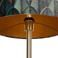 QAZQA Vloerlamp messing met velours lampenkap blad dessin met gouden binnenkant - Simplo