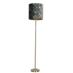 QAZQA Vloerlamp messing met velours lampenkap blad dessin met gouden binnenkant - Simplo