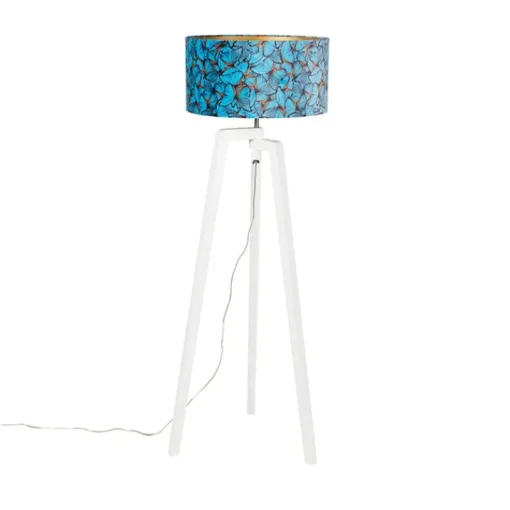 QAZQA Vloerlamp tripod hout met vlinders velours kap 50 cm - Puros