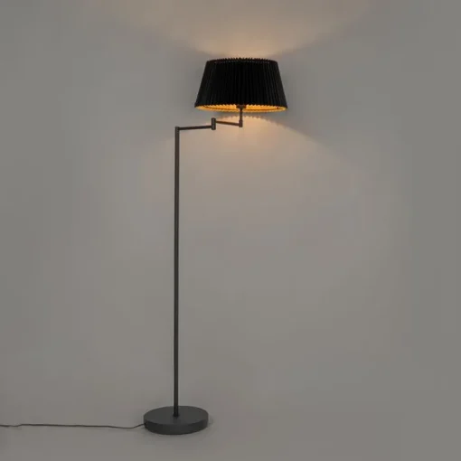 QAZQA Vloerlamp zwart met zwart plisse kap en verstelbare arm - Ladas Deluxe