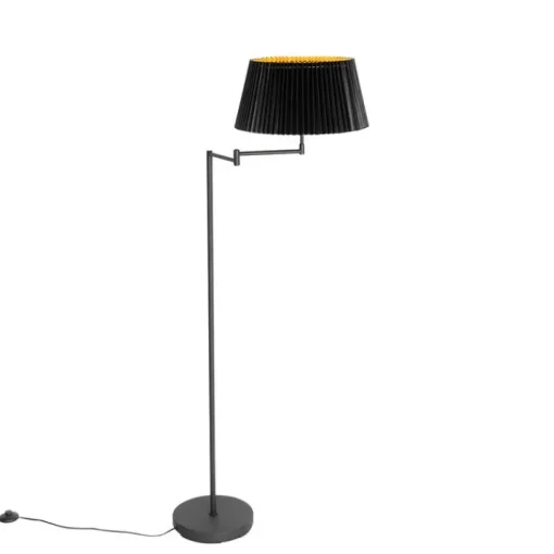 QAZQA Vloerlamp zwart met zwart plisse kap en verstelbare arm - Ladas Deluxe