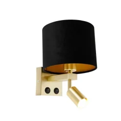 QAZQA Wandlamp messing met leeslamp en kap 18 cm zwart - Brescia