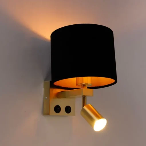 QAZQA Wandlamp messing met leeslamp en kap 18 cm zwart - Brescia