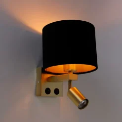 QAZQA Wandlamp messing met leeslamp en kap 18 cm zwart - Brescia