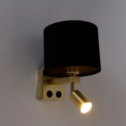 QAZQA Wandlamp messing met leeslamp en kap 18 cm zwart - Brescia