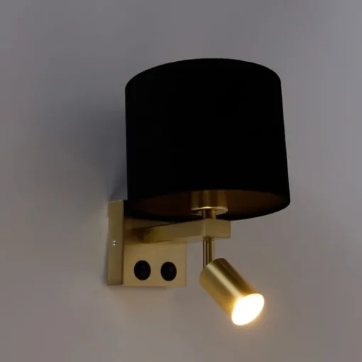 QAZQA Wandlamp messing met leeslamp en kap 18 cm zwart - Brescia