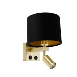QAZQA Wandlamp messing met leeslamp en kap 18 cm zwart - Brescia
