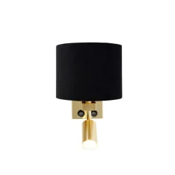 QAZQA Wandlamp messing met leeslamp en kap 18 cm zwart - Brescia