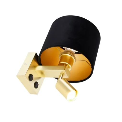 QAZQA Wandlamp messing met leeslamp en kap 18 cm zwart - Brescia
