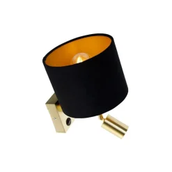 QAZQA Wandlamp messing met leeslamp en kap 18 cm zwart - Brescia